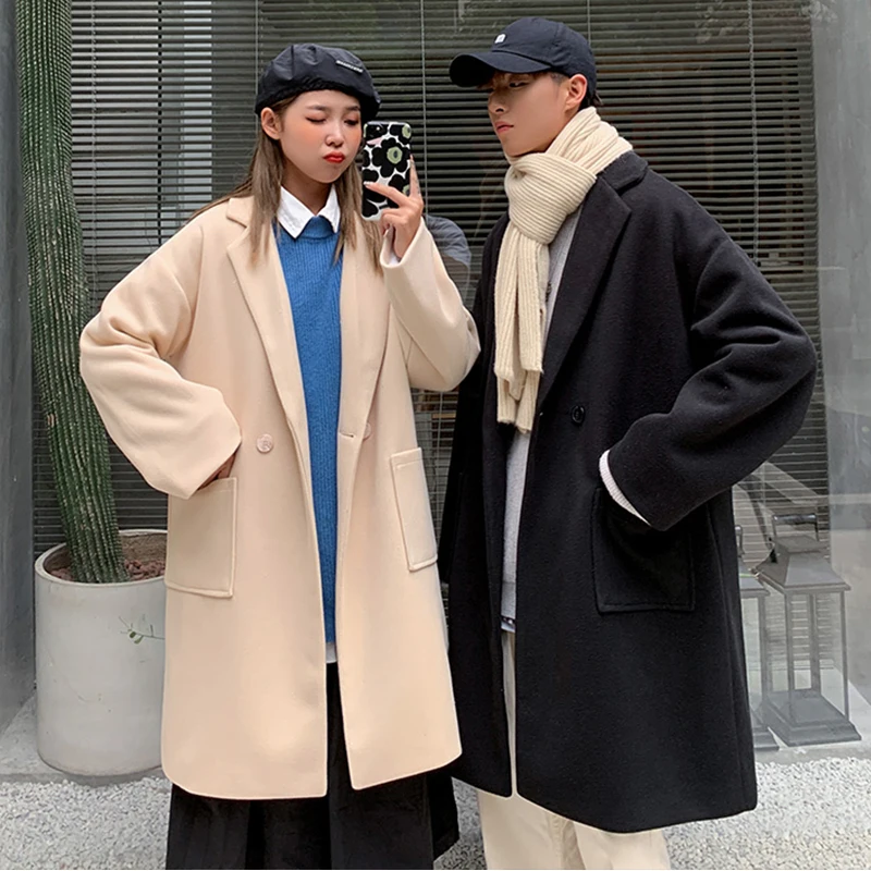 

2021 Winter Hong Kong Wind Trend Men Aand Women Couples Plus Velvet Thick Lamb Woolen Coat