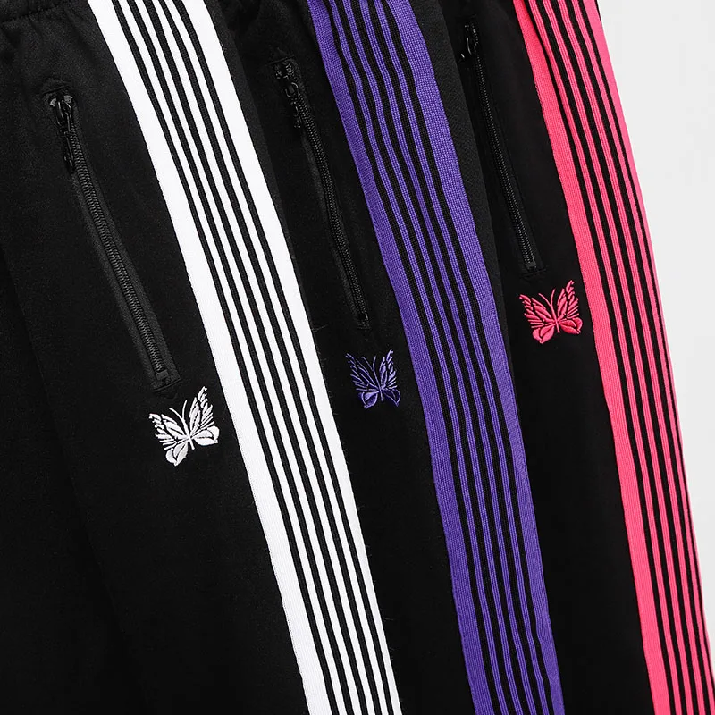 

AWGE Side Striped Webbing Sweatpants Joggers Drawstring Autumn High Quality Needles Sweatpants Butterfly Embroidery
