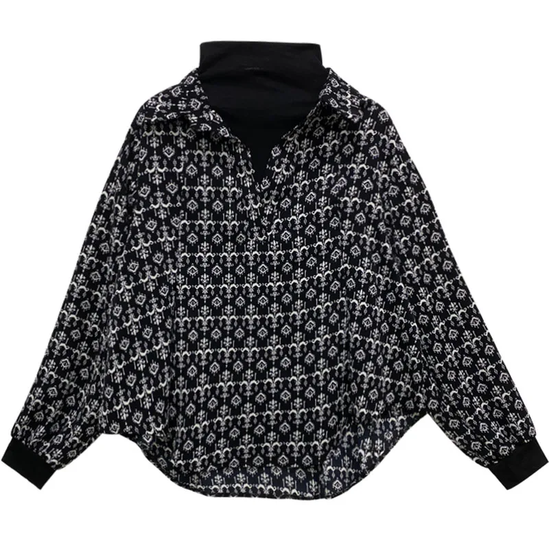 

Fashion Top 2021 Spring Half High Collar Fake Two Pieces Of Vintage Printed Shirt Women's Design Feeling