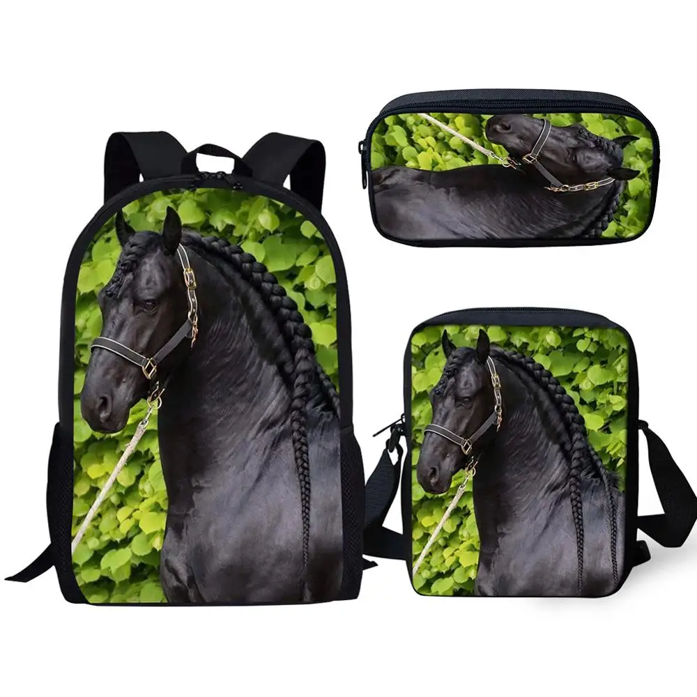 HaoYun 3PCs/Set Handsome Friesian Horse Print Pattern School Bag for Boys Teenager Girls Backpacks Child Students Travel Bagpack