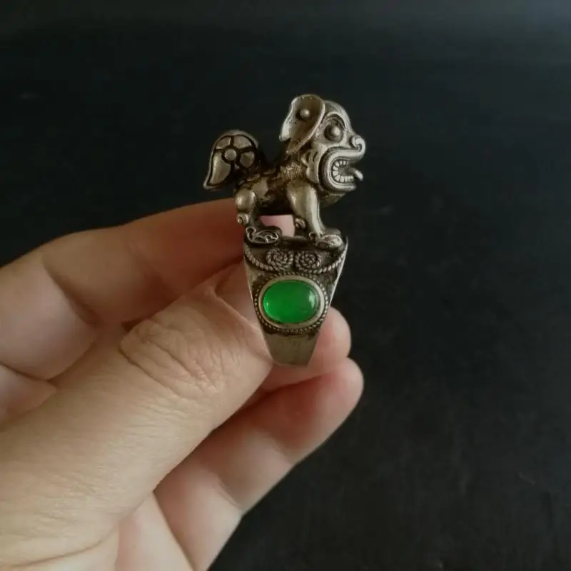 

Rare Old Chinese Cloisonne Silver Inlay Green Jade Gem Lion Beast Ring Gift
