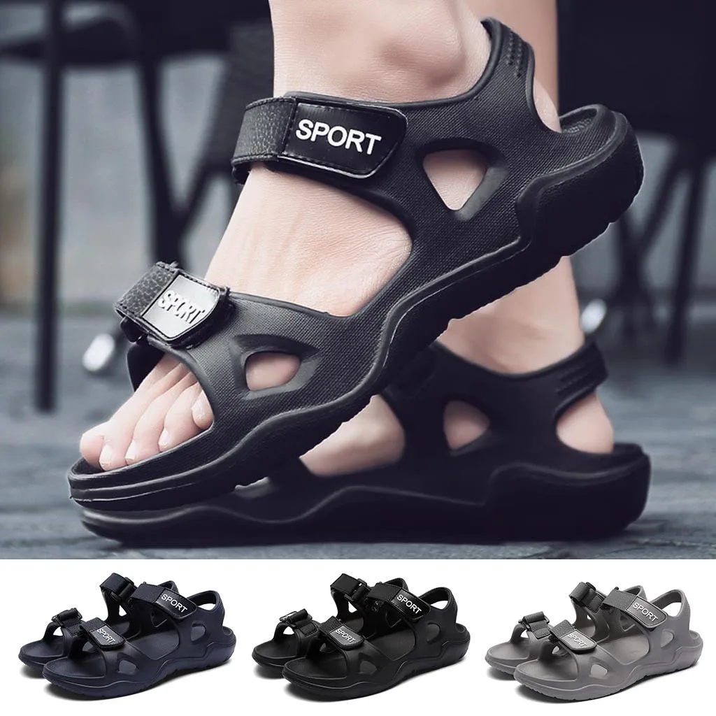 

2020 new black casual men's beach solid hook hollow casual breathable flat sandals men's comfortable lightweight sandals