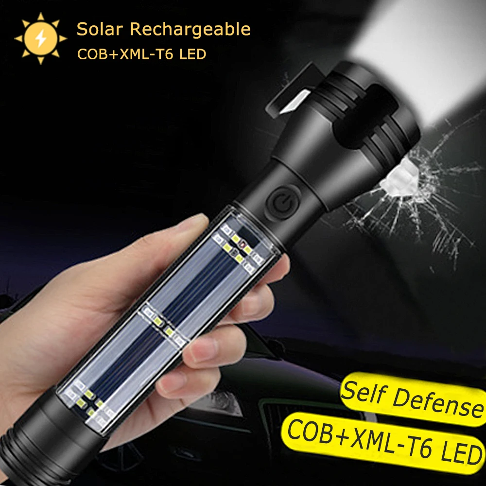 

USB Rechargeable Solar LED Flashlight Self Defense Emergency Light Safety Hammer Power Bank Compass For Travel Camping Survival
