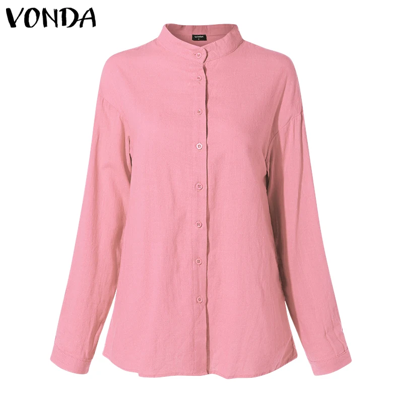 Pink VONDA новые женские блузки летние офисные женские белые рубашки с рукавами-фонариками и пуговицами глубокий v-образный вырез белая блузка сексуальные топы размера плюс - Цвет: Pink