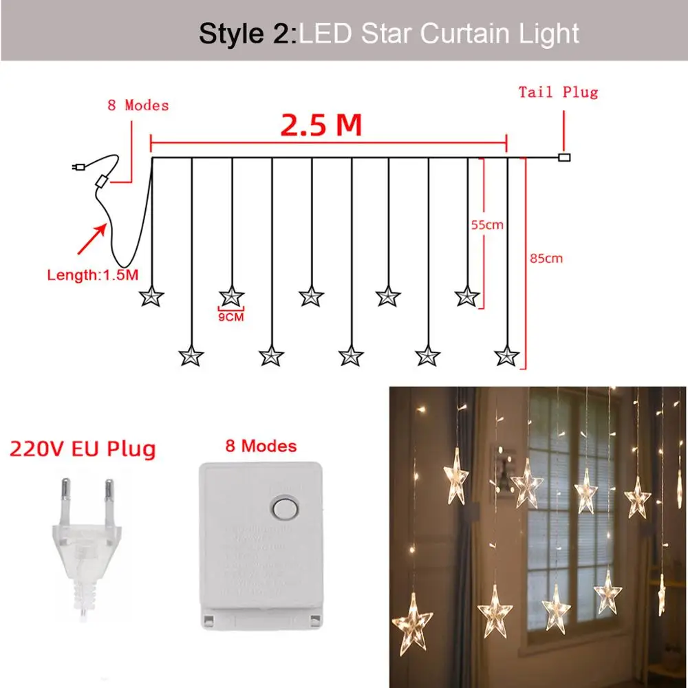 

LED icicle Star Moon Lamp Fairy Curtain String Lights Christmas Garland Outdoor For Bar Home Wedding Party Garden Window Decor