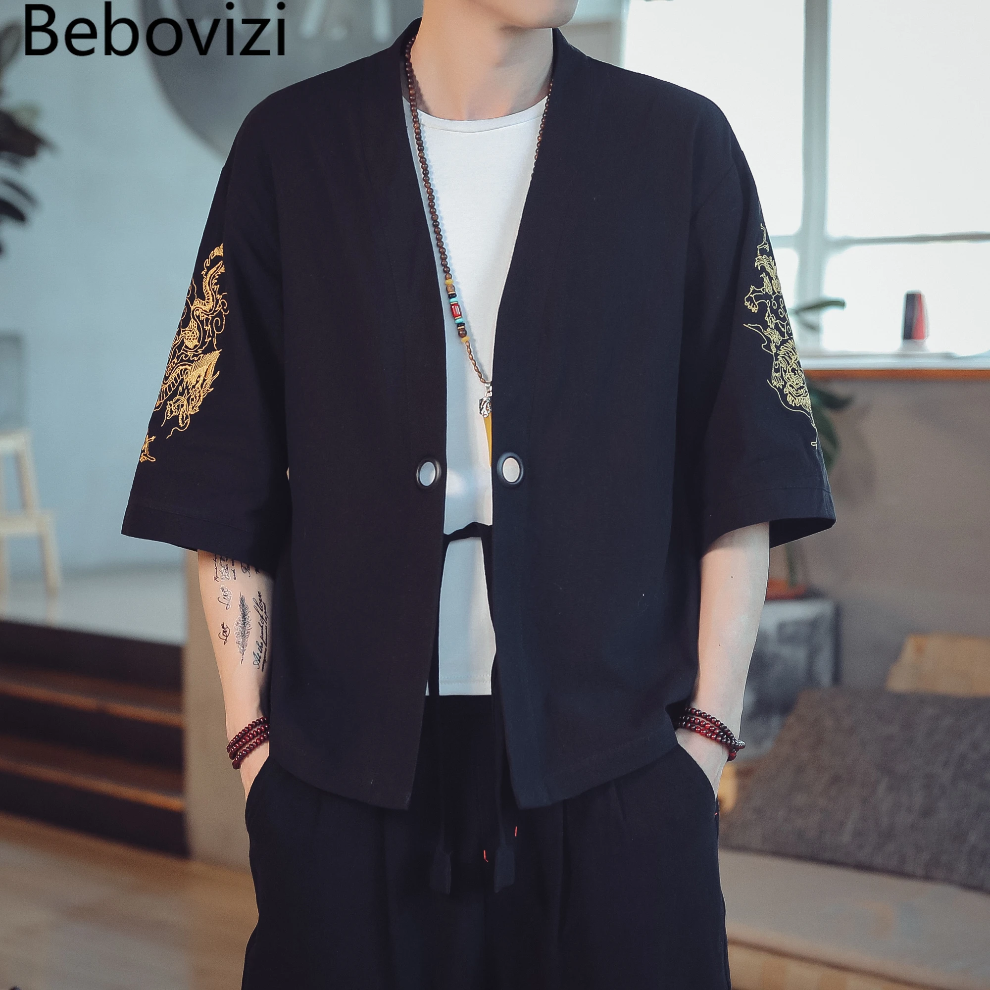 Кимоно Bebovizi мужское хлопковое китайский дракон вышивка топ свободного кроя