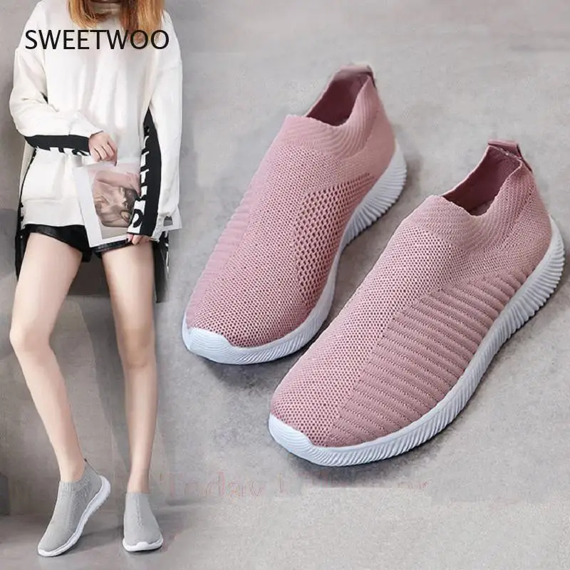 

Women Casual Shoes Light Sneakers Breathable Mesh Summer knitted Vulcanized Shoes Outdoor Slip-On Sock Shoes Plus Size Tennis
