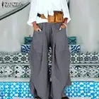 Брюки ZANZEA женские с широкими штанинами, повседневные однотонные штаны с эластичным поясом, модные брюки с передними карманами, лето 2021