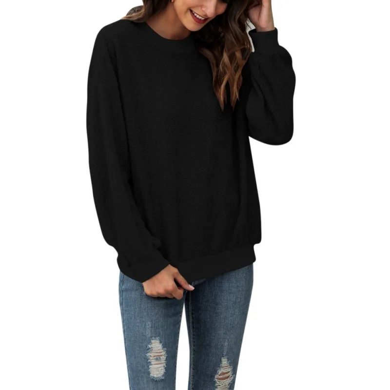 

Women Sweatshirt Fashion Pullover Round Neck Solid Color Casual Loose Long Sleeves Top