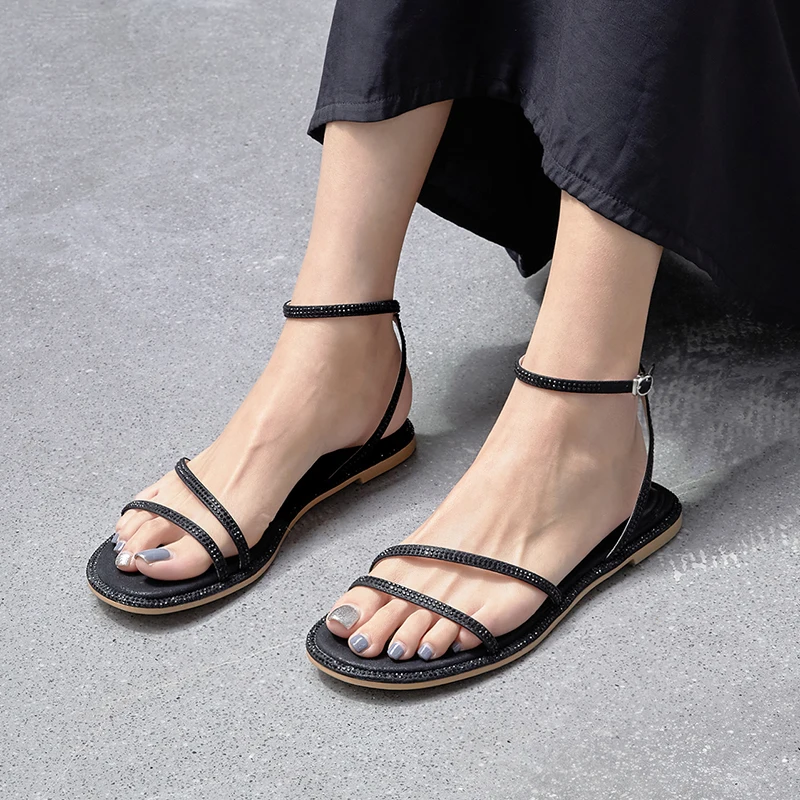 

MoonMeek 2020 New arrival summer women sandals flat heel round toe casual shoes ankle strap solid color women flats