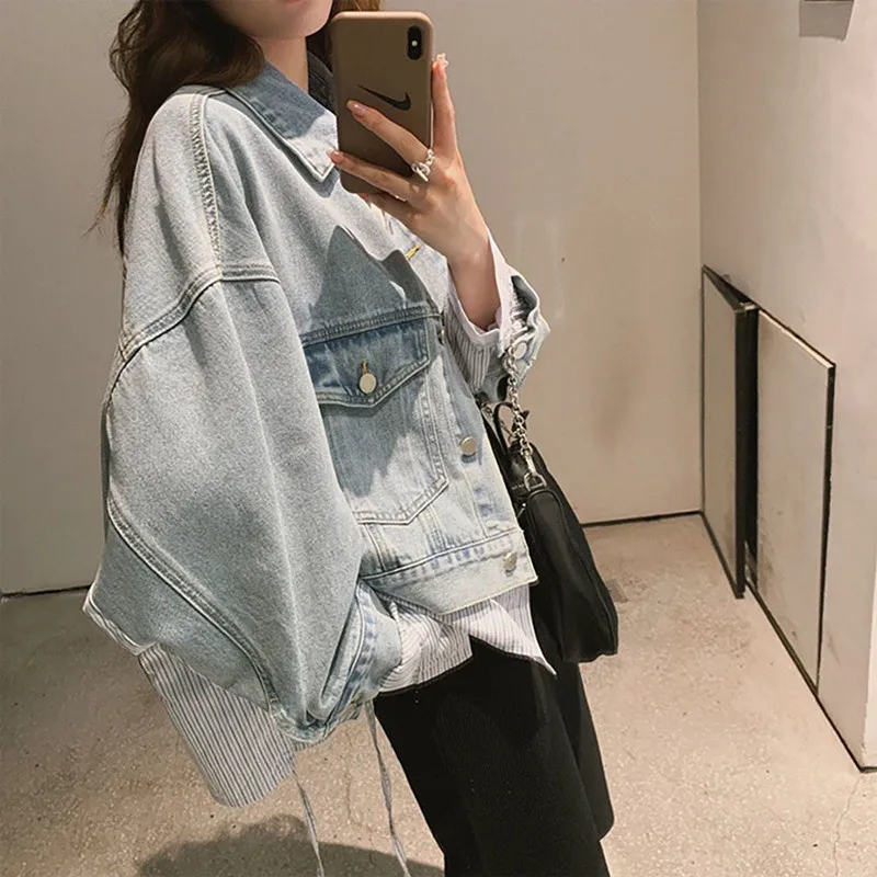 

Sister Fara Striped Patchwork Women's Denim Jacket Spring Turn-down Collar Fashion Coat Female Autumn Double Pocket Denim Jacket