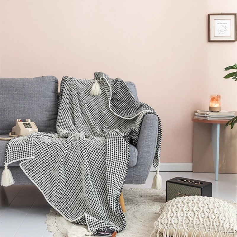 

Вязаное одеяло в скандинавском стиле, однотонное покрывало для дивана, кровати, декоративное одеяло с геометрическими линиями для сна, путе...