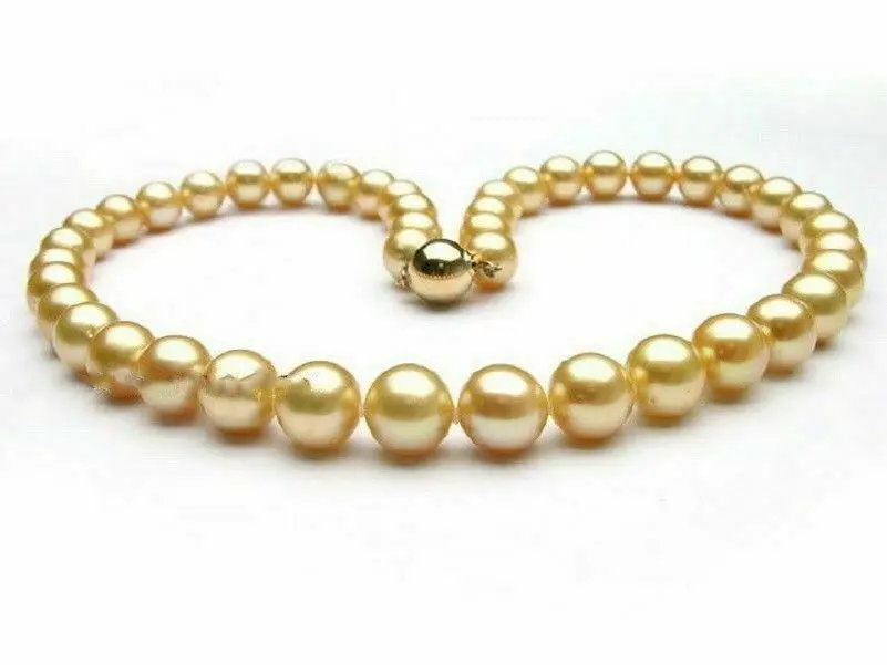 

AAAA 9-10MM natural real round south sea golden pearl necklace 18"