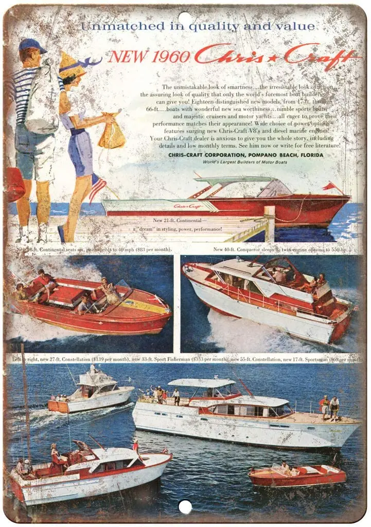 

1960 Chris Craft Boat Vintage Art 12" x 9" Retro Look Metal Sign L51