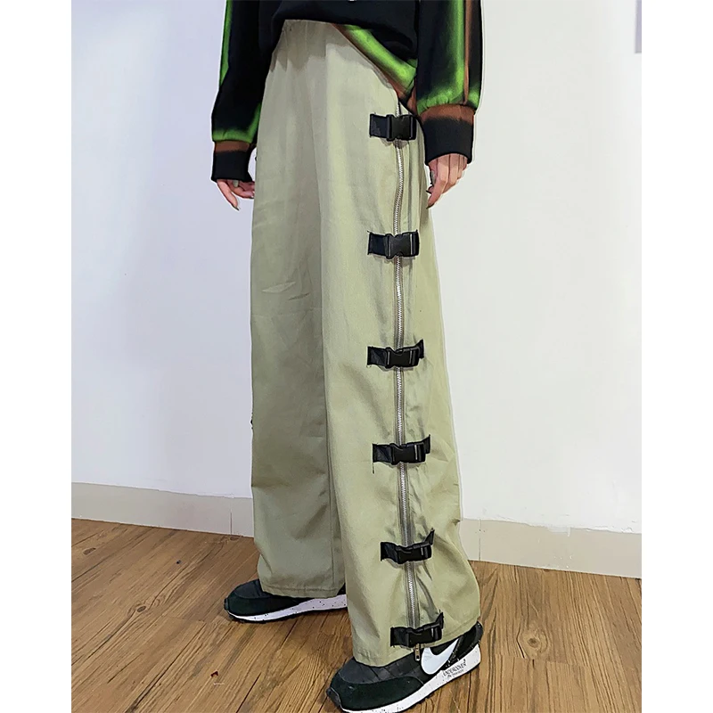 

Street high street heavy industry zipper plug button straight tube loose wide leg pants men and women couples work pant trousers