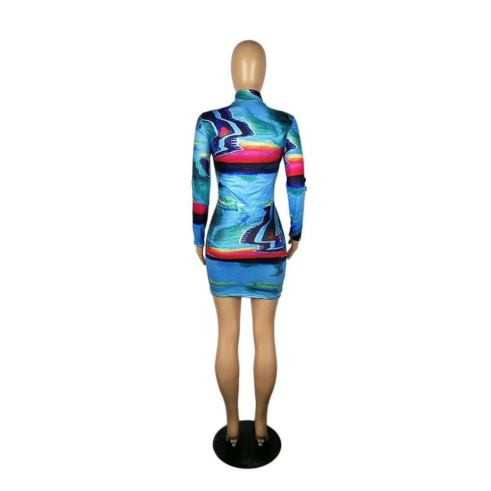

Graffiti Print Long Sleeves Office Lady Bodycon Dress New Autumn Hot Style Model European and American Woman Outfits