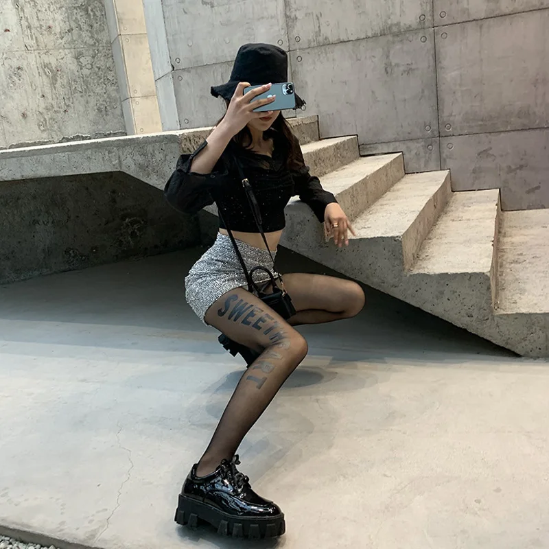 Весенне-летние колготки с английскими надписями прозрачные логотипом модные