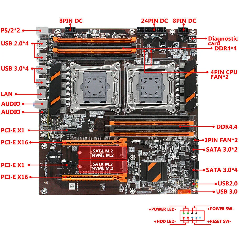 

X99 Dual CPU Motherboard LGA 2011-V3USB3.0 SATA3 With Dual Processor With Dual M.2 Slot 8 DIMM DDR4