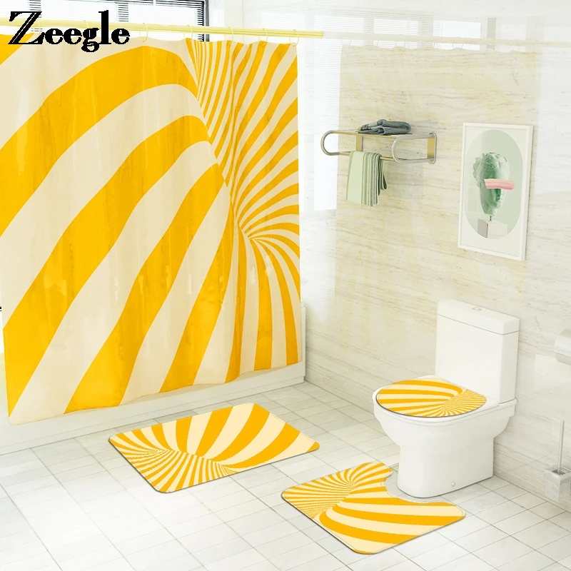

Yellow Stripes Printed Bathroom Carpet Rug Home Decor Bath Mat and Shower Curtain Set Flannel Toilet Mat Anti-slip Foot Mat Set