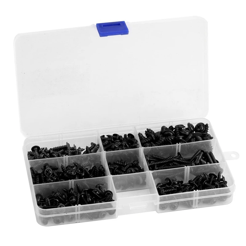 

340Pcs Self Tapping Screw Cross Head M2.9 M3.5 M4 M4.8 Self Tapping Screw Set Classification Kit Black Carbon Steel