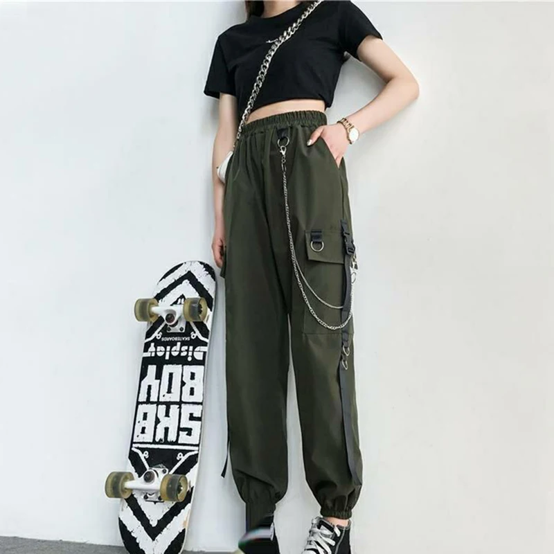 

Women's fashion Harajuku style Pants Black detachable overalls women's elastic waist Street casual pants multifunctional pants