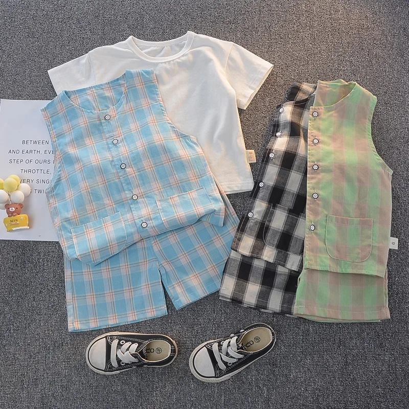 

Infant Boy Summer New Clothing Set Baby Girl Clothes Kid Plaid Vest+Cotton T-shirt+plaid Shorts 3Pieces Suit Toddler Clothes