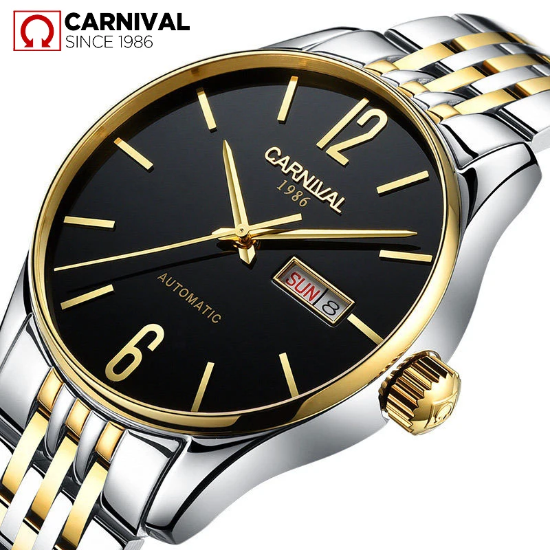 Carnival New Men Business Watch Luxury Automatic Stainless Steel Waterproof Double Calendar Mechanical Watches Relogio Masculino