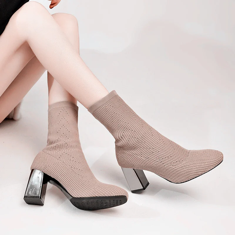 Модные ботильоны для женщин Женская обувь с эластичным голенищем ботинки на не