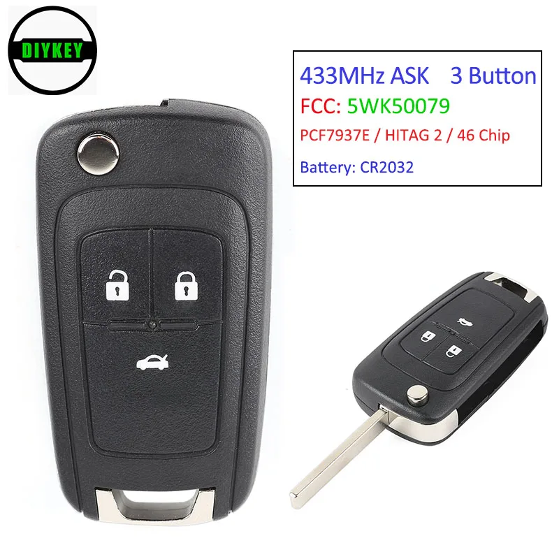 

DIYKEY Flip Remote Key 3 Button ASK 433MHz PCF7937E / HITAG 2 / 46 CHIP for Chevrolet Aveo / Vauxhall Astra J /Opel FCC:5WK50079
