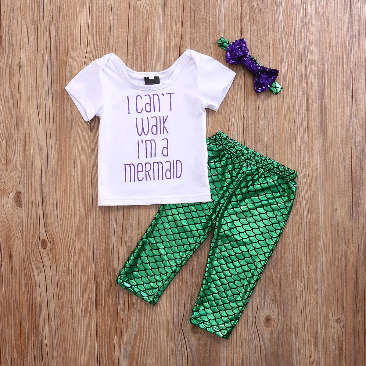 3Pcs Todderl Girl I Can't Wakl I'm a mermaid Letters short sleeve Tee Mermaid Pant + Headband Set For Baby Clothes Outfits | Детская