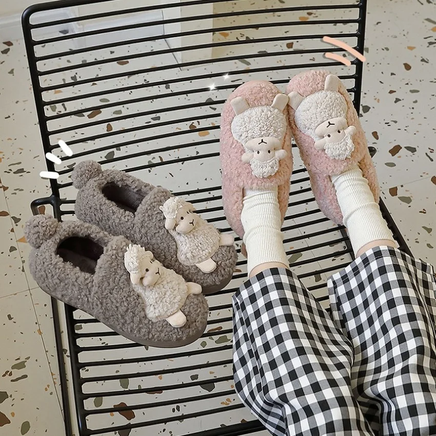 

Cotton Fuzzy Slippers Women Home Winter Warm Plush Indoor Warm Ladies Shoes Slides Cartoon Sheep Female Kawaii Slippers Men 2022