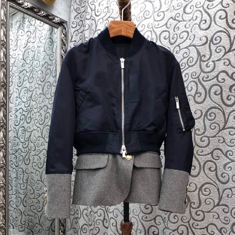 

2020 Autumn Winter Fashion Jackets High Quality Women Color Block Patchwork Long Sleeve Casual Zipper Coats Green Dark Blue