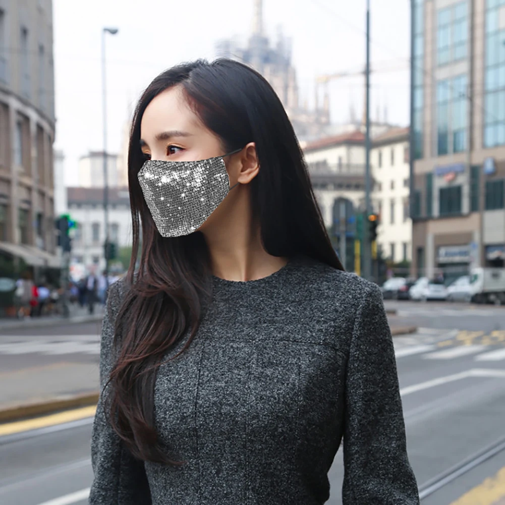 

Fashion Women Washable Reusable Bling Sequined Face Cover Reusable Face Bandanas With Adjustable Ear Loops Face CoverSilver