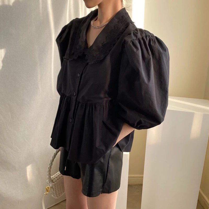 

GALCAUR White Shirts For Women Lapel Collar Puff Sleeve Single Breasted Lace Oversize Solid Blouses Females Summer Clothing 2021
