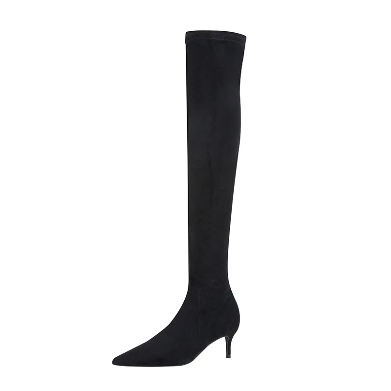 

2021 new 6cm European and American style simple winter boots thin high heeled suede pointed sexy thin slim over knee boots
