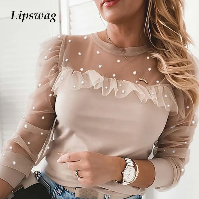 

Женская блузка с круглым вырезом, Элегантная блузка с рождественской елкой, повседневные сетчатые пуловеры с оборками