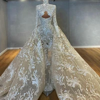 high neck beading mermaid wedding dress with detachable train long sleeves luxury bridal gowns lace appliqued vestidos