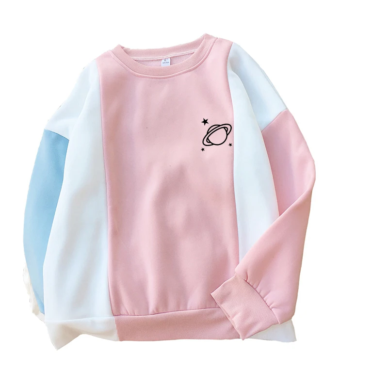 

Женские флисовые толстовки с круглым вырезом Sudadera Mujer, Повседневная Уличная одежда контрастных цветов с принтом планеты на осень и зиму
