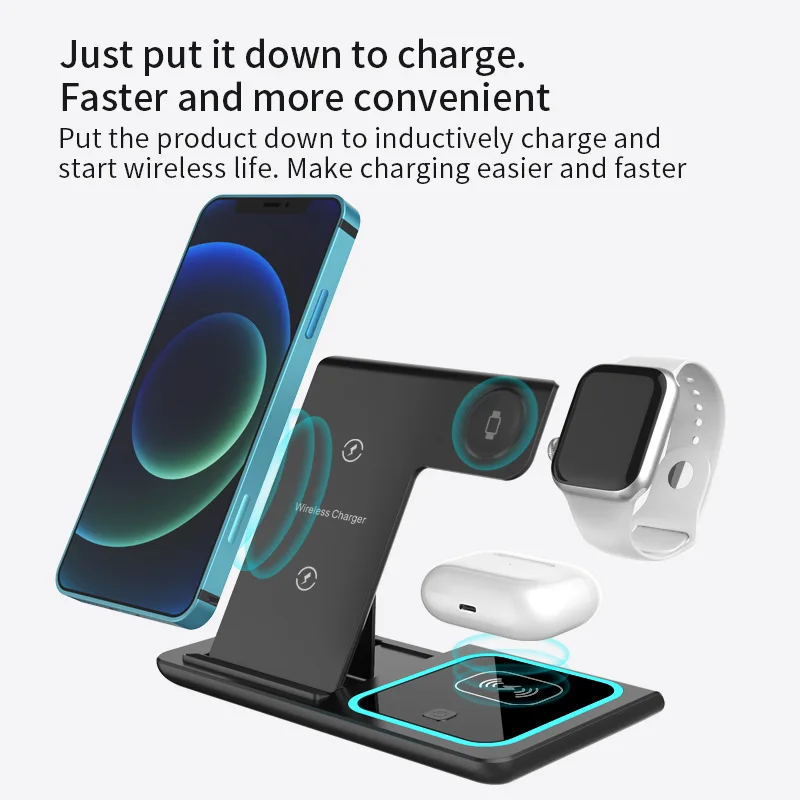 Беспроводное зарядное устройство Qi 3 в 1 15 Вт подставка для iPhone 13 12 11 XS XR X 8 зарядная