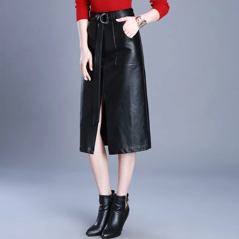 

Korean Slim 2023 Belt PU Leather Skirt Female Plus Size M-4XL Faux Leather Autumn Winter Black High Waist Skirts Womens OL Style