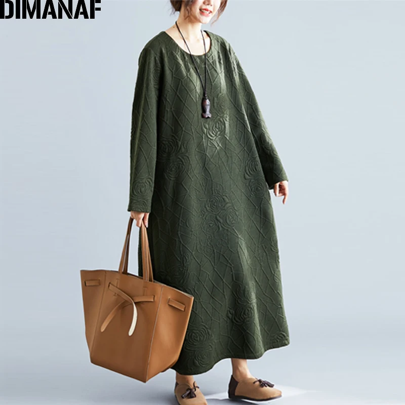 Ke91243CN-green DIMANAF женское платье большого размера зимнее плотное винтажное элегантное свободное женское платье с длинным рукавом жаккардовое однотонное платье с цветочным рисунком - Цвет: Ke91243CN-green