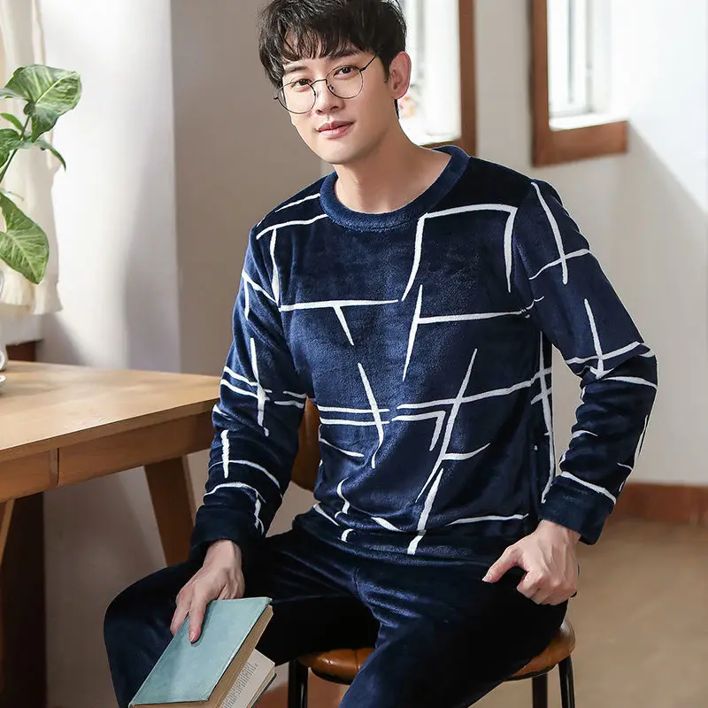 man pajama set Теплая Пижама Мужская Фланелевая Зимняя Толстая Пижама Мужская Толстая пижама с длинным рукавом Повседневная Осенняя Пижама для мужчин коралловый флис для сна XXXL - Цвет: man pajama set