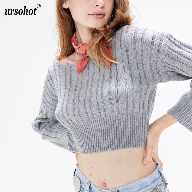 Ursohot Повседневный укороченный свитер 2019 Осень Зима Тонкий серый джемпер с