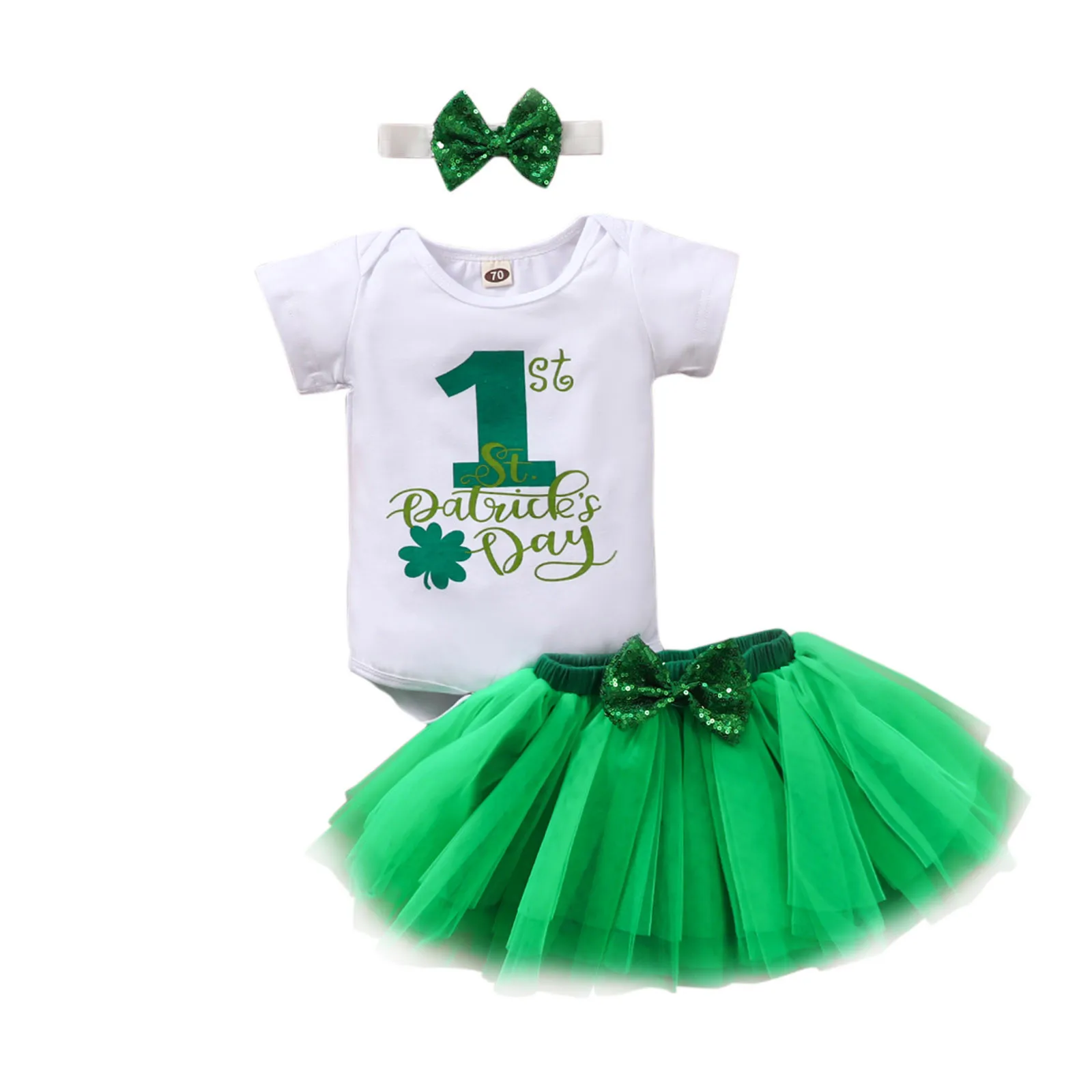 

Infant Baby Girls Clothes St. Patrick's Day Romper Tulle Skirts Headbands Princess Set Baby Outfits Summer Kids Clothes 3-18M