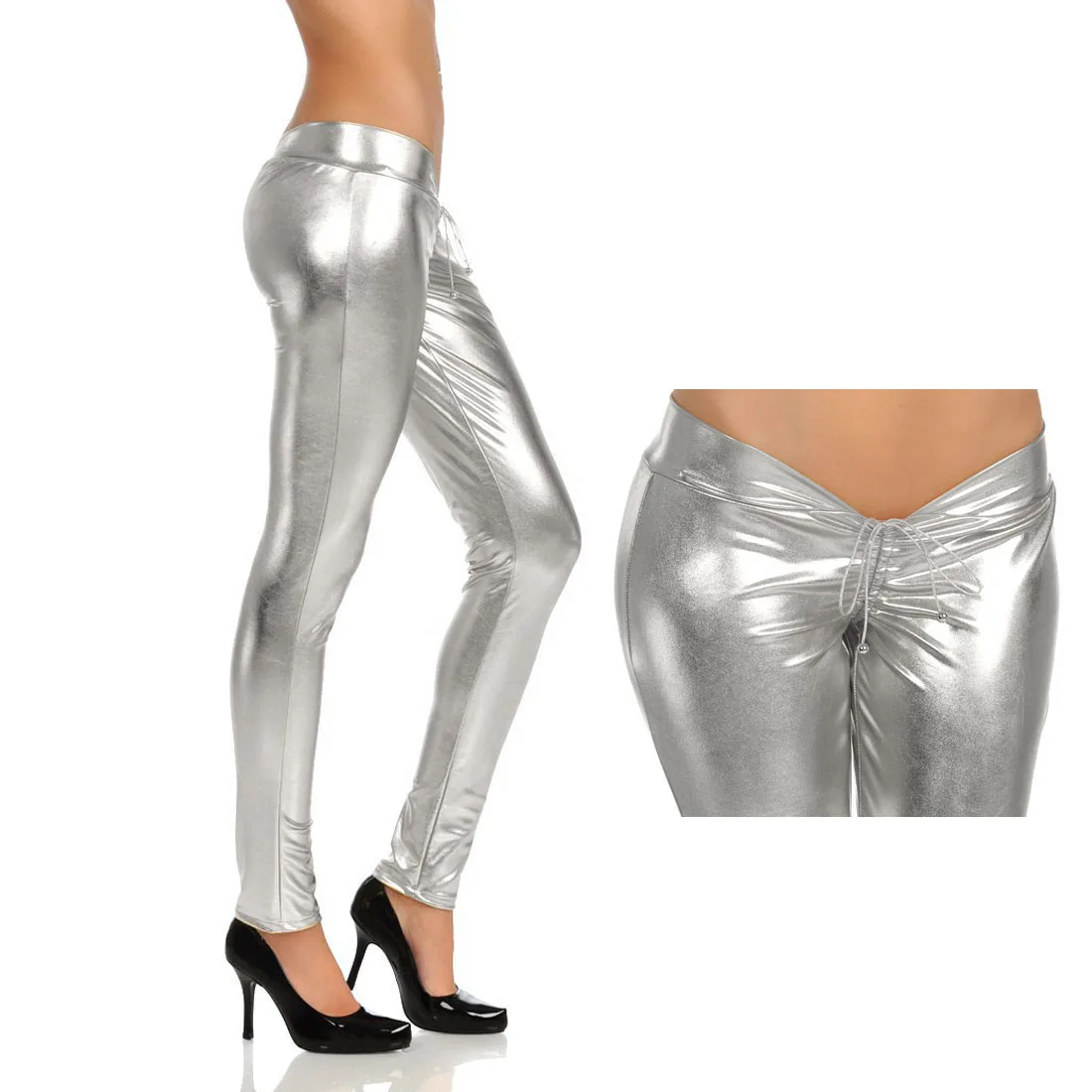 

Booty Lift Drawstring Ruched Low Waist Pencil Pants Sexy Fintess Legging Wet Look Shiny Faux PU Leather Capris Pantalon Trousers