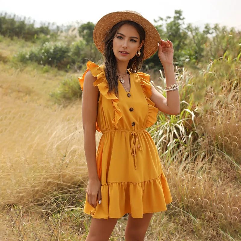 Women Summer Dress Casual Boho Beach Ruffles 2021Mini Dress Party Sexy V-Neck High Waist Female Dresses