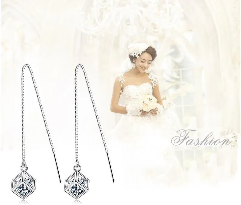 Женские серьги-подвески квадратной формы серебристые сережки с фианитом 0 5