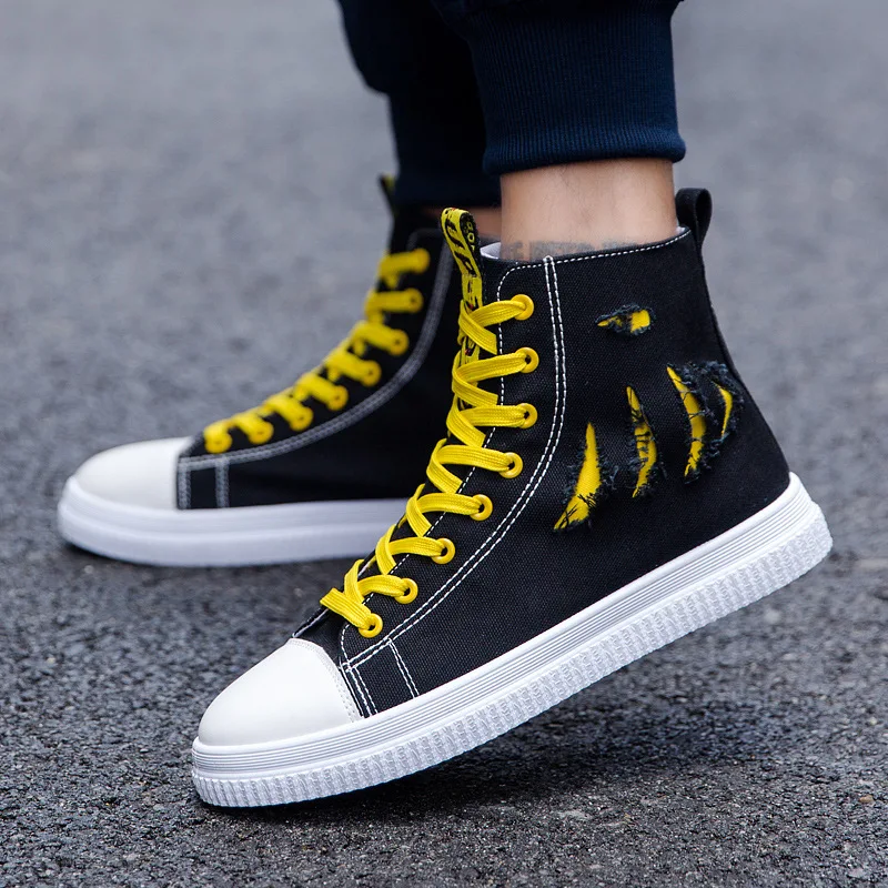 

2021 thin solid color men's casual high top canvas shoes fashion street hip hop student board shoes