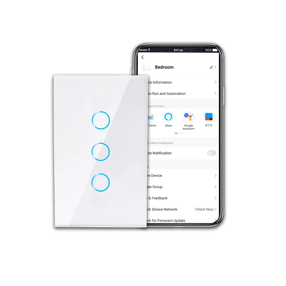 

Bingoele WiFi Touch Light Switch Wall Switch 3Gang1Way Light Wall switch Crystal Glass Panel LED Backlight electronic switch