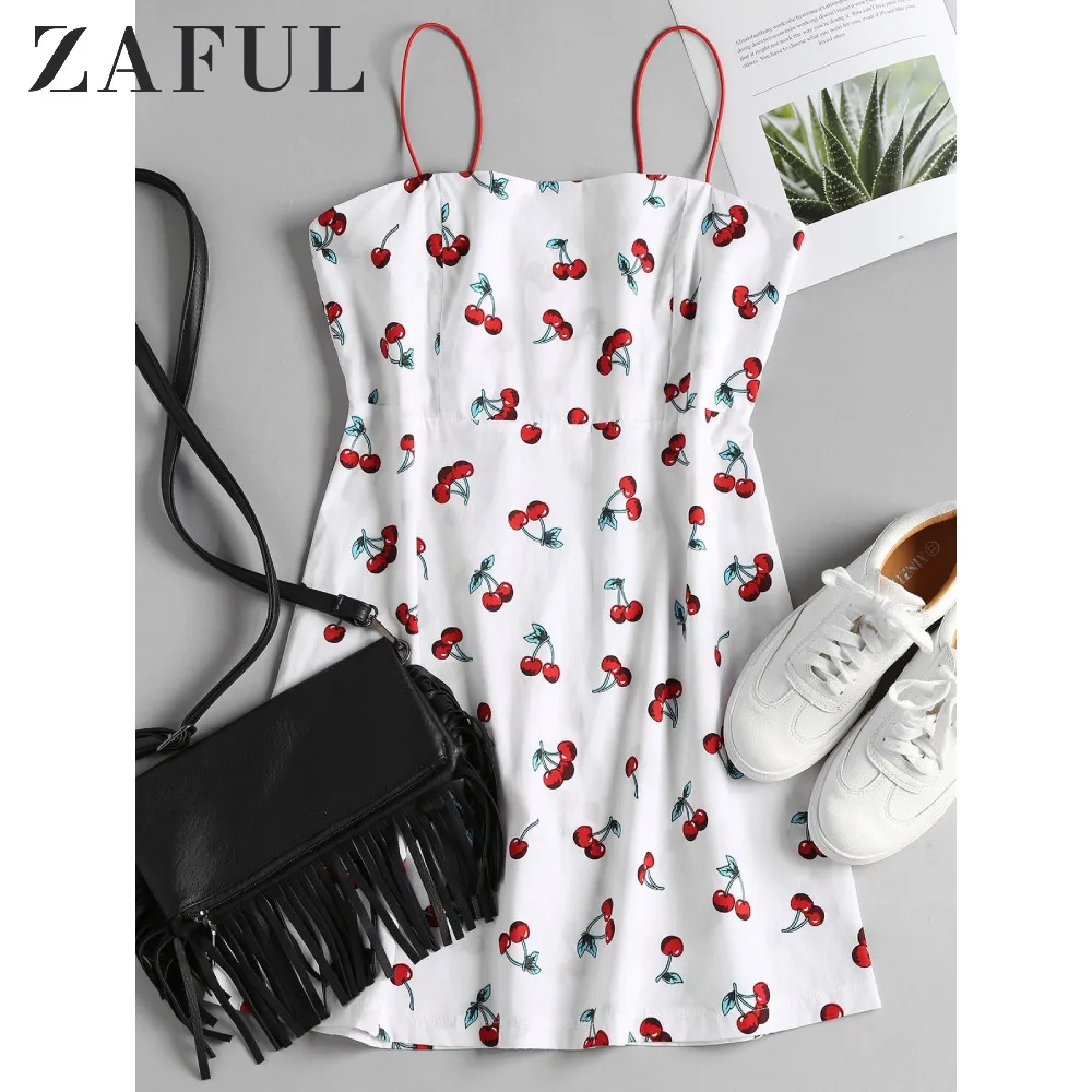 ZAFUL/сарафан на бретельках с принтом вишни банджи тонком ремешке короткое пляжное